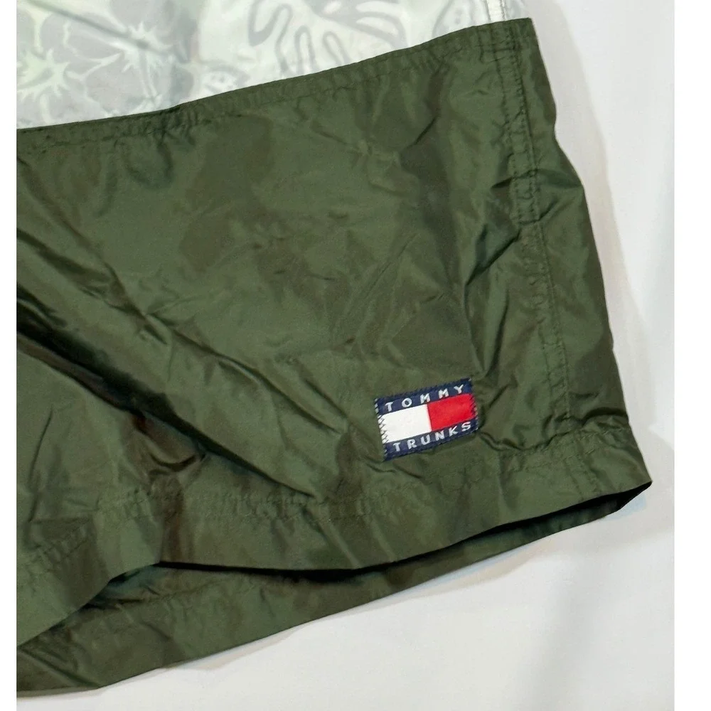 VTG Y2K Tommy Hilfiger Swim Trunks Mens M Green Tropical Bathing Suit Shorts 90s